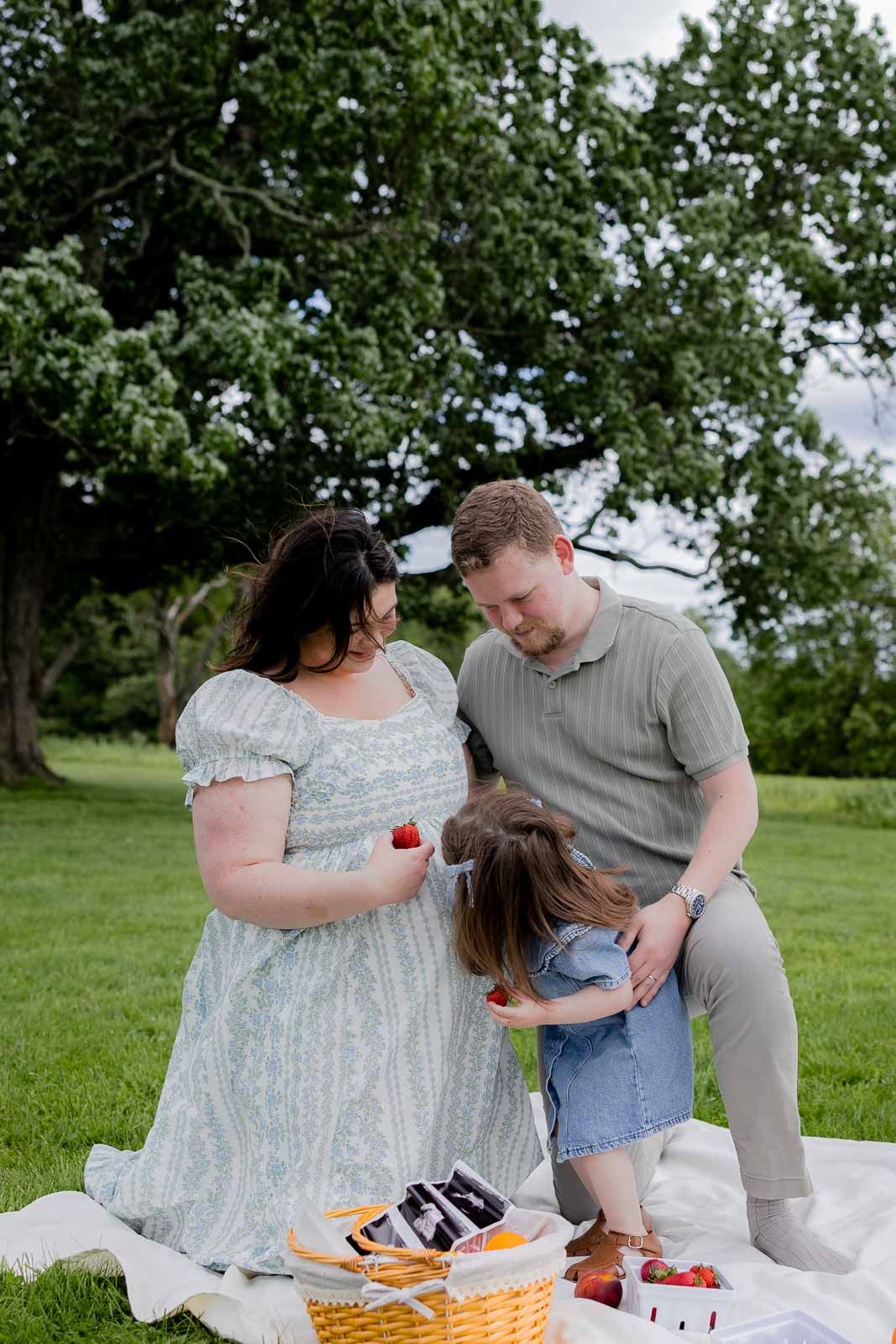 Family enjoying a picnic on a blanket under trees on a cloudy summer day.
