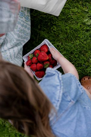 Fresh red strawberries being held in a white container while sitting on grass.