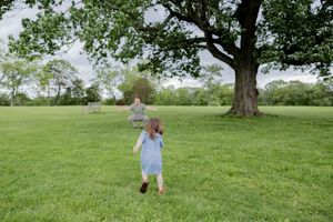 Figure in a light blue dress runs across a lush green field toward a large oak tree on a sunny day.