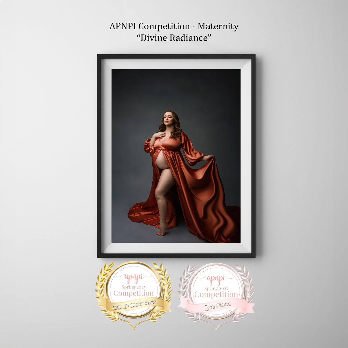 A maternity photography competition entry features an elegant red flowing gown against a dark dramatic background.
