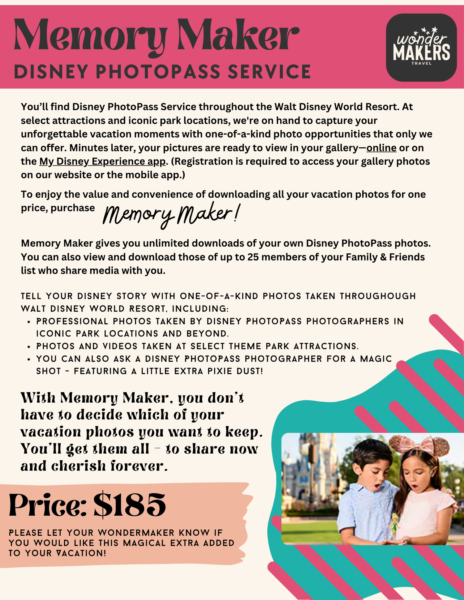 Memory Maker service information card with pink background and Disney PhotoPass details.