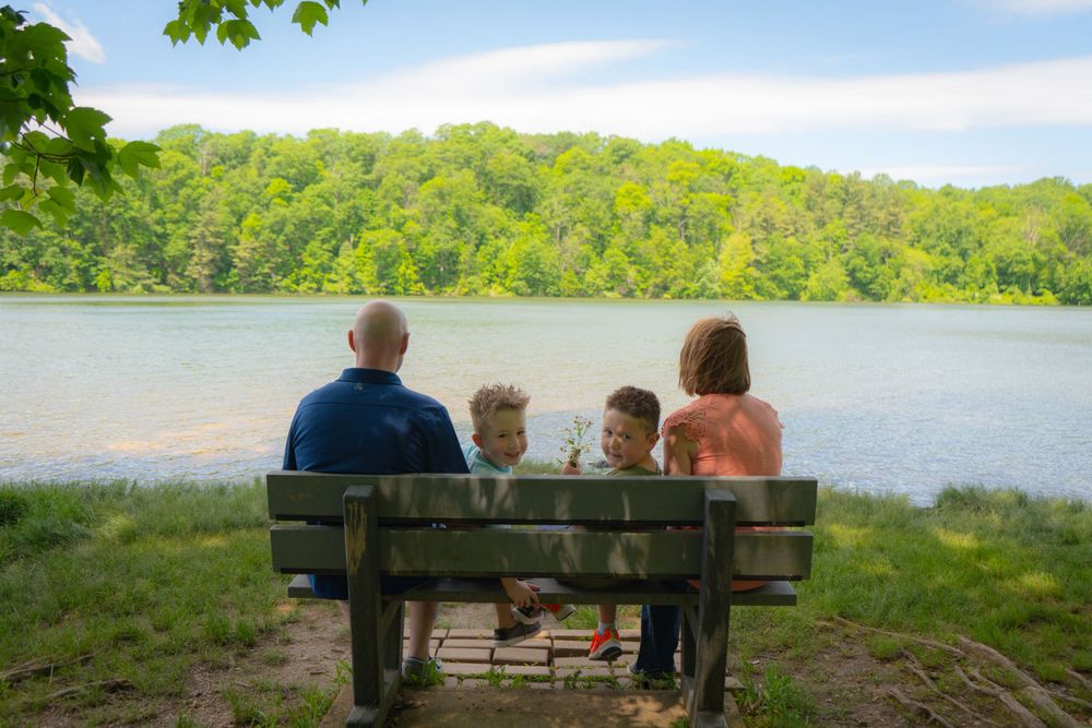 People sit together on a bench overlooking a peaceful lake surrounded by green forest on a sunny day.