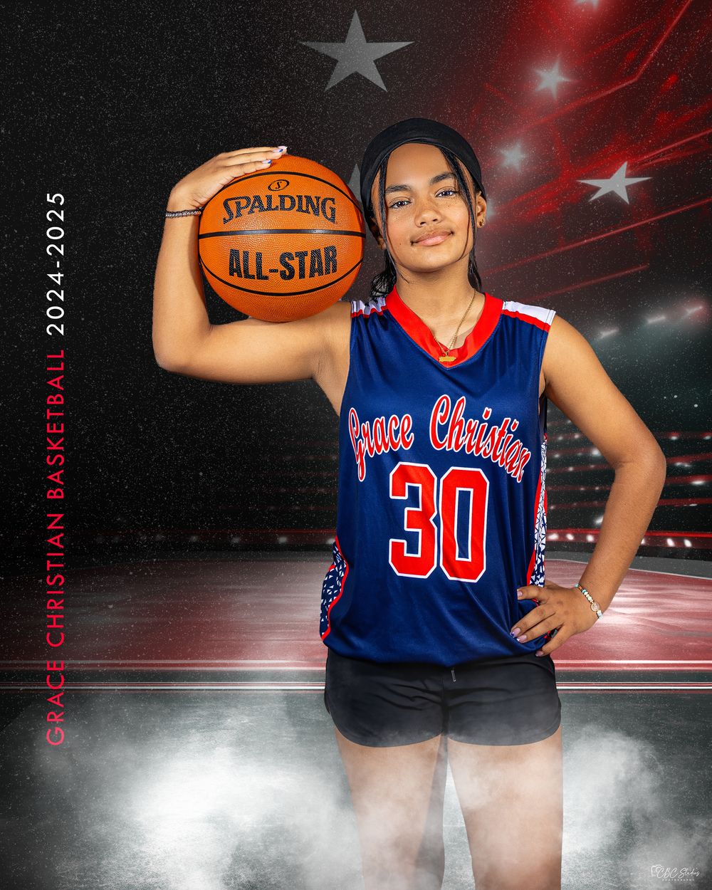 Basketball sports themed photo series showing player poses with jerseys numbered 20 and 30 against dramatic lighting effects.
