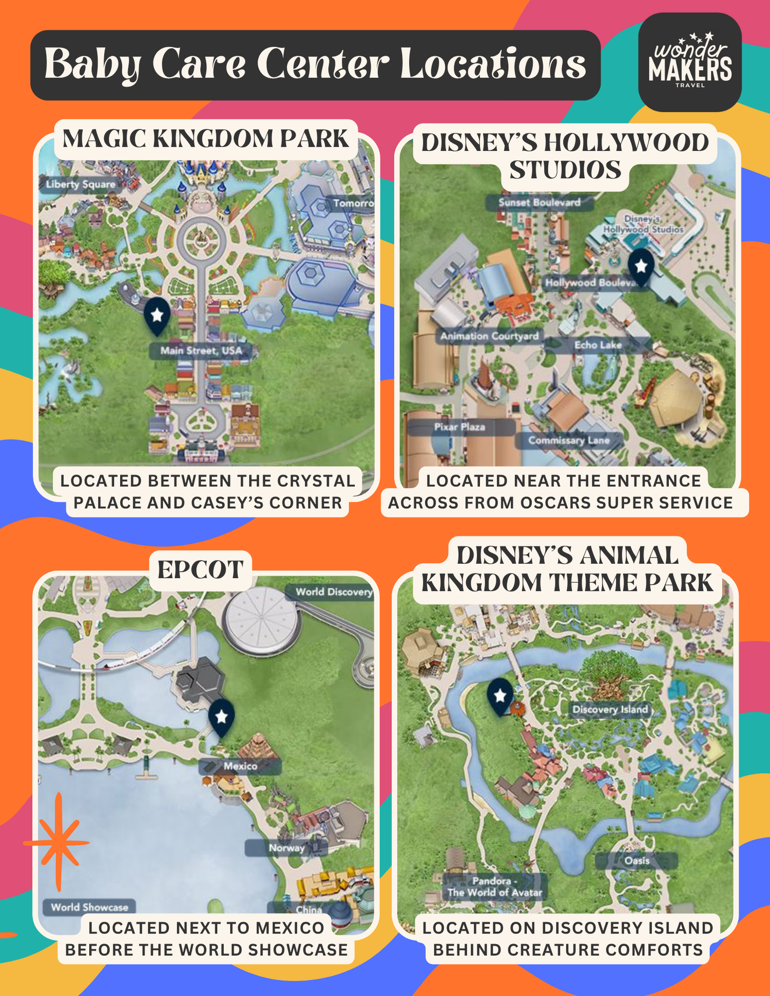 Map showing Baby Care Center locations across four Disney World theme parks with highlighted markers.