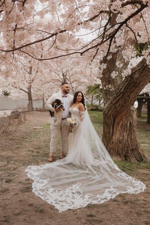 A wedding couple poses with their dog under blooming cherry blossom trees by the waterfront.