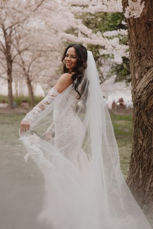 A bride in a lace wedding dress twirls under blooming cherry blossom trees.