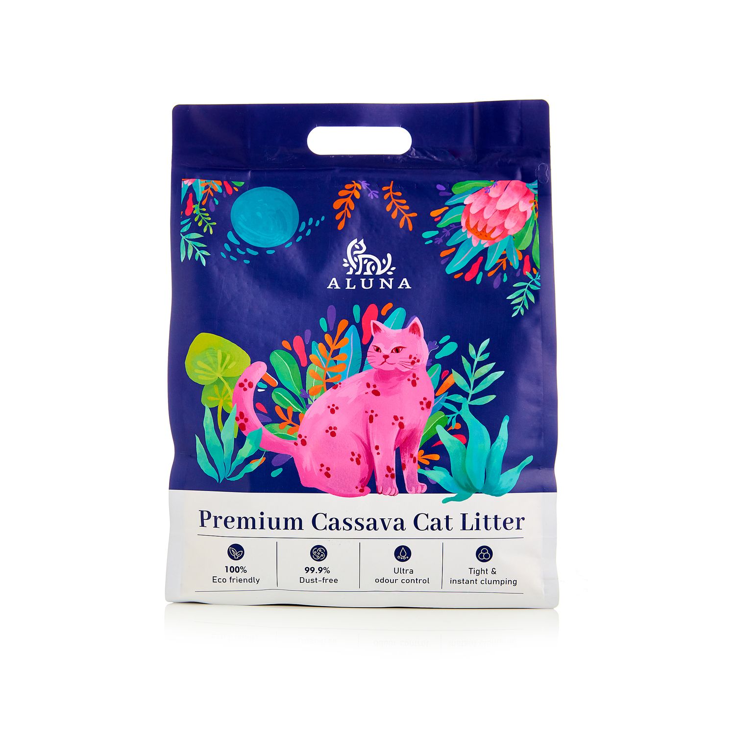 A blue cat litter bag featuring a pink cat illustration with floral designs and Aluna brand premium cassava cat litter text.