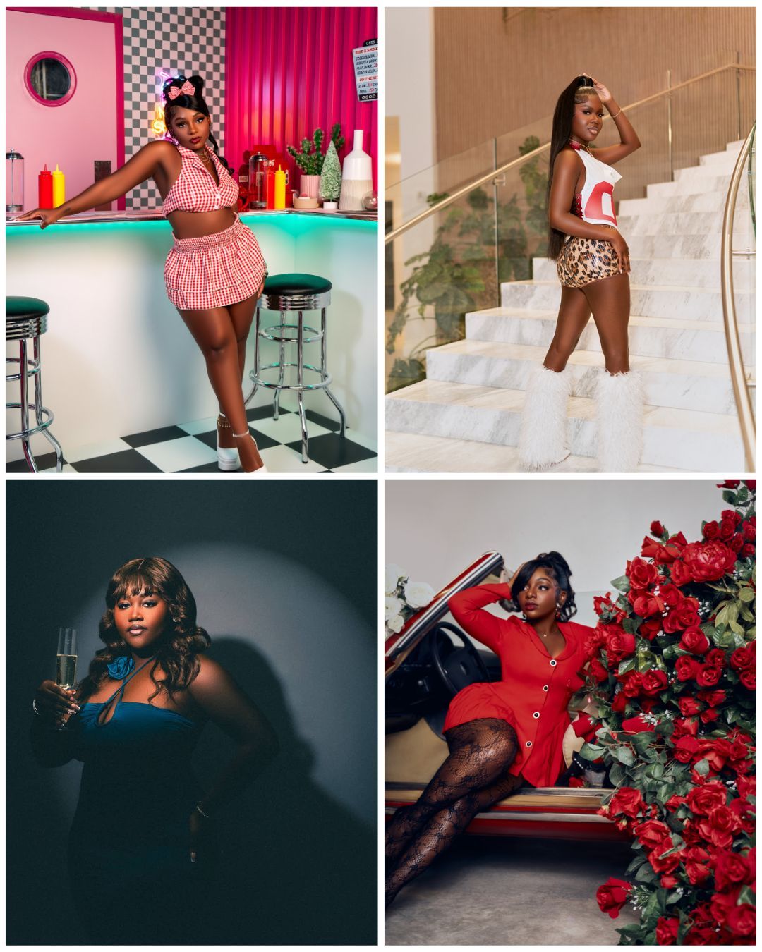Four-panel photo collection showing lifestyle portraits in retro diner and luxury settings.