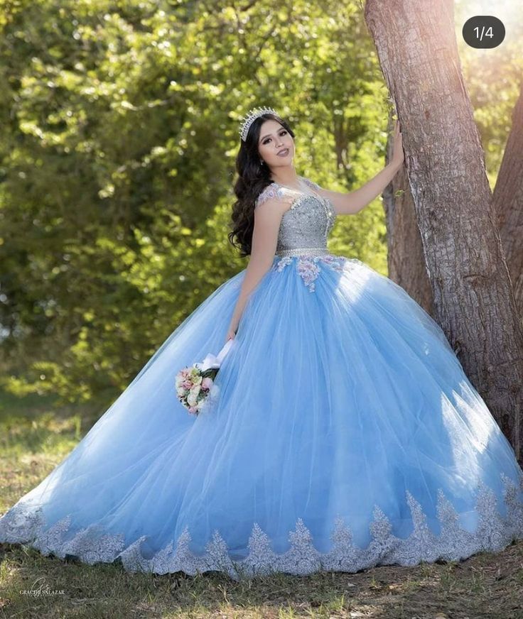 A light blue ball gown with silver embellishments and lace details sparkles in an outdoor garden setting.