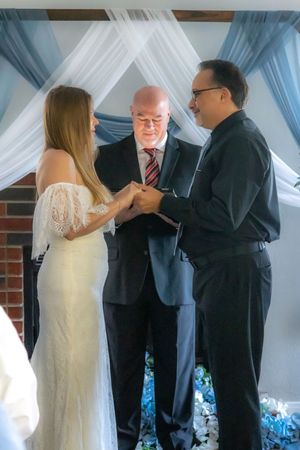 A sequence of wedding ceremony photos showing a couple exchanging vows under a white draped canopy.
