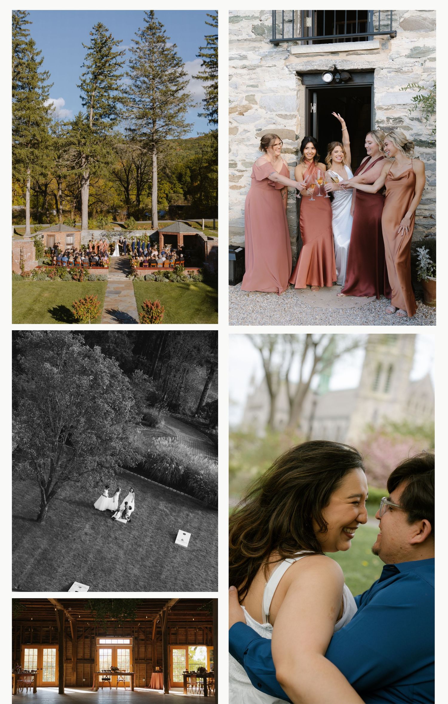 Elegant wedding photography collage featuring black and white moments, outdoor columns and formal portraits at a scenic venue.