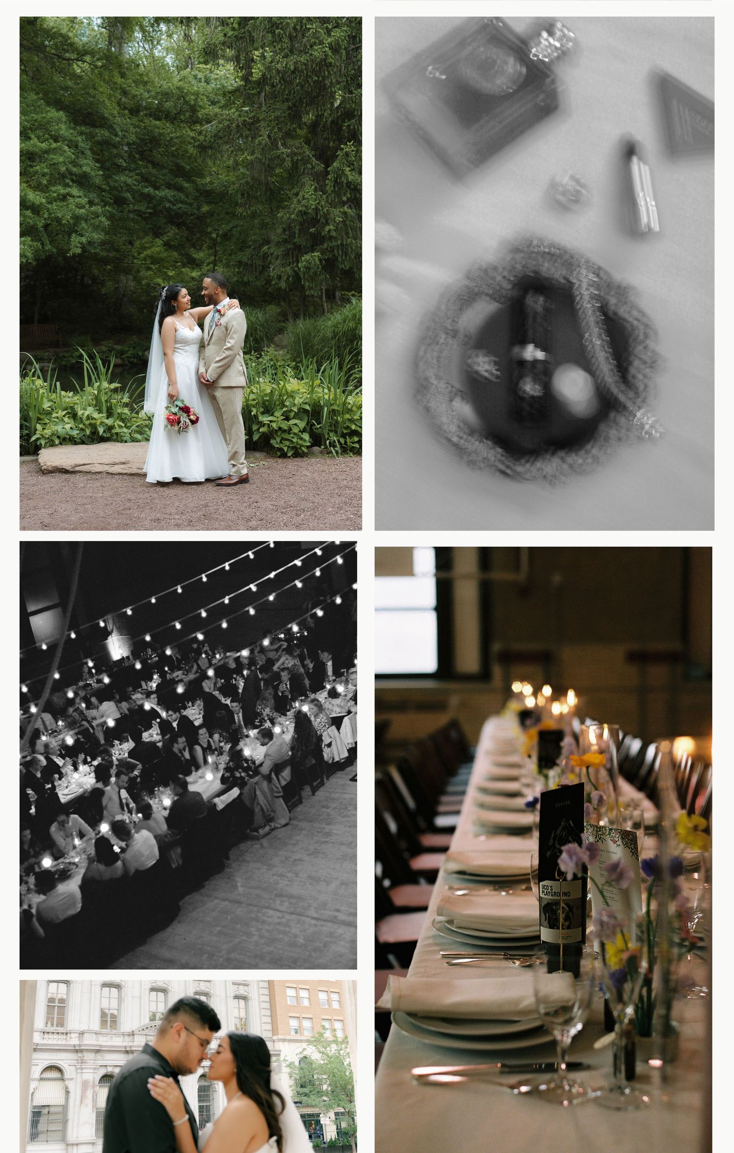 A collection of elegant wedding moments featuring outdoor garden settings, candlelit table decor, and string light receptions.