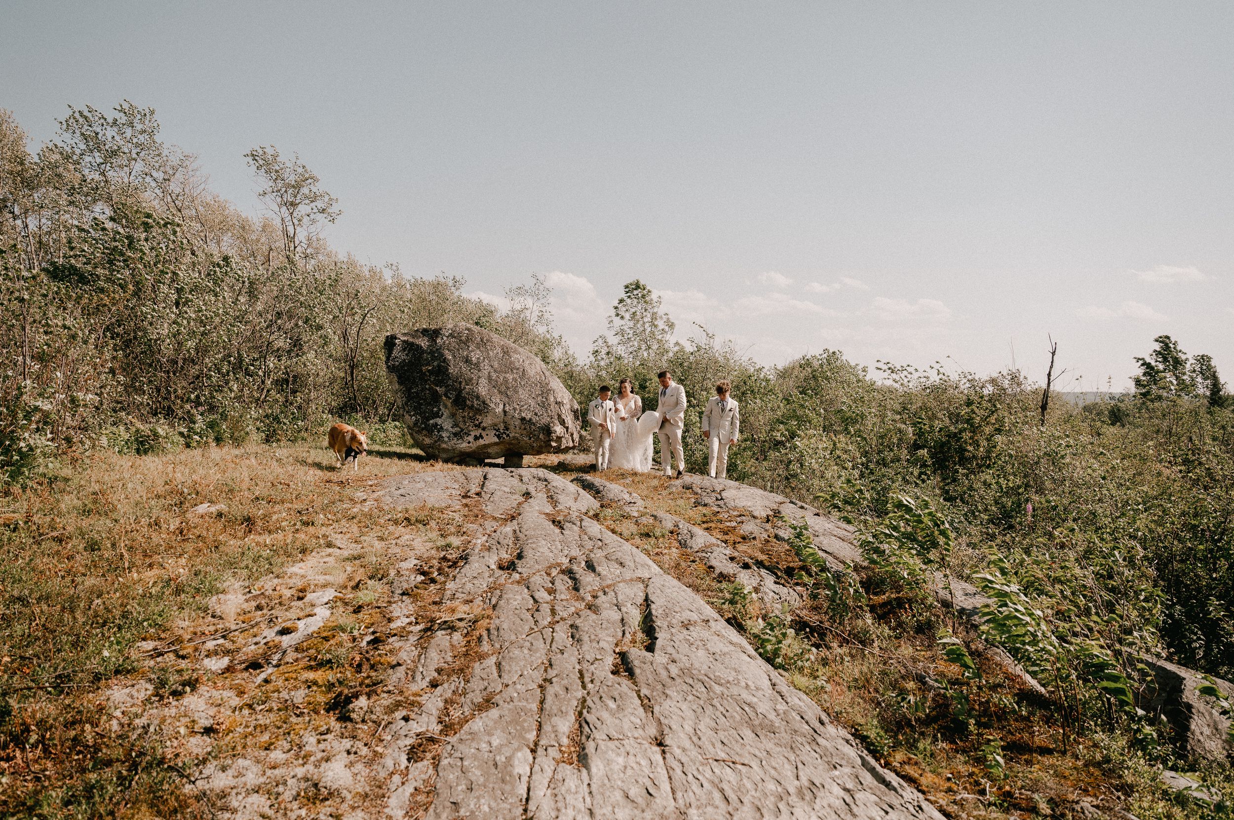 People standing on a rocky outcrop surrounded by autumn trees and brush on a clear day.