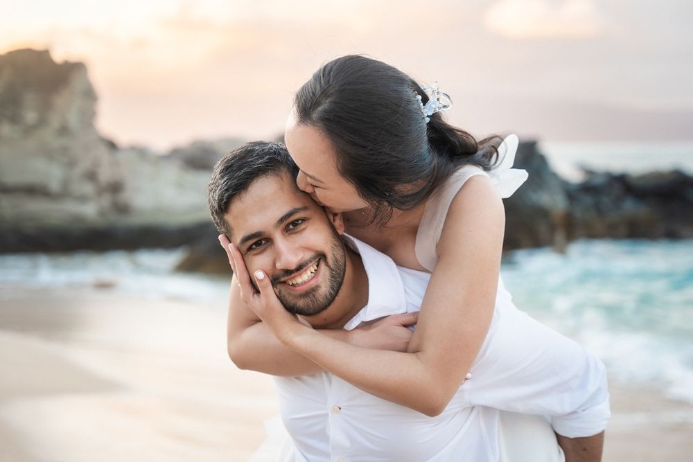Proposal couple sunset photo at Ironwood beach Maui Hawaii