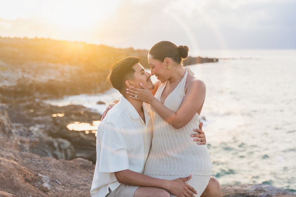 Proposal couple sunset photo at Ironwood beach Maui Hawaii