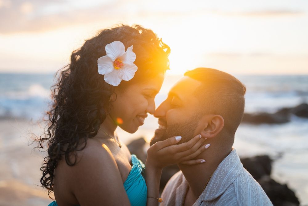 Engagement couple sunset photo at Wailea beach Maui Hawaii