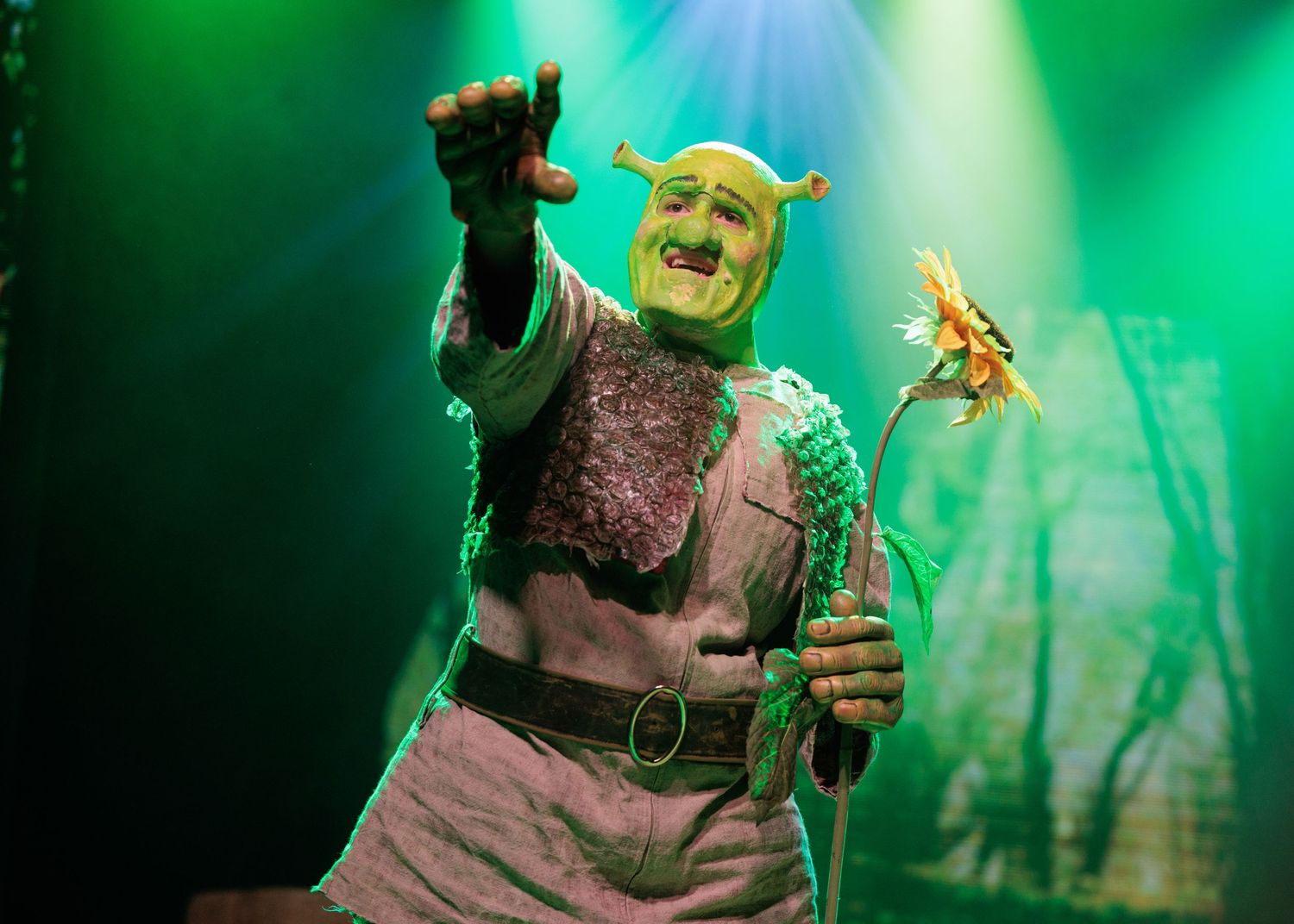 Shrek the musical stage performance with green lighting and fantasy characters in full costume and makeup.