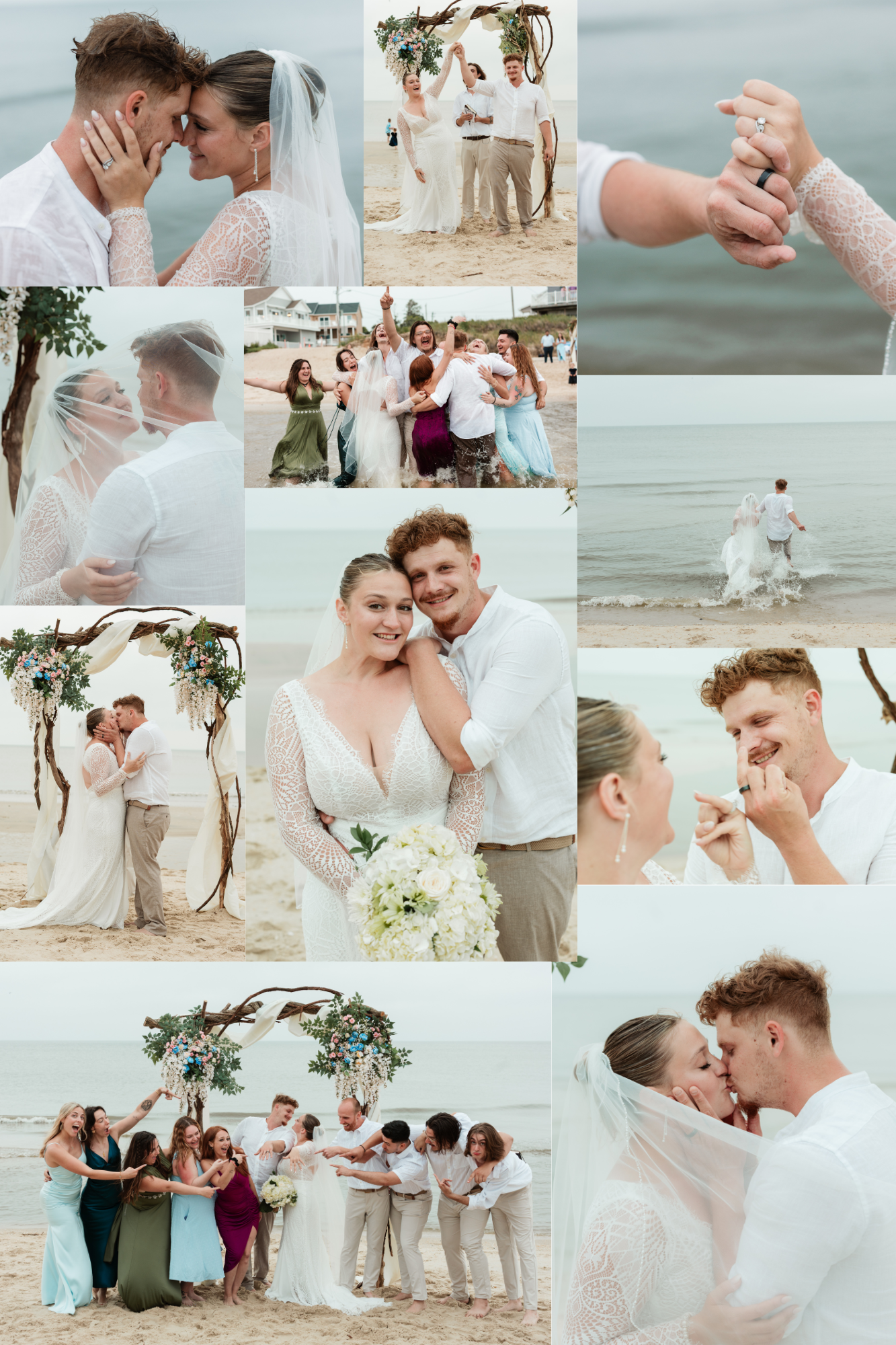 A romantic beach wedding celebration with couples and guests in white and neutral attire against an ocean backdrop.