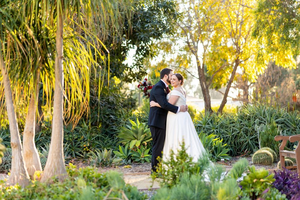 Couple embraces in a lush garden setting with palm trees and golden sunlight filtering through the foliage.
