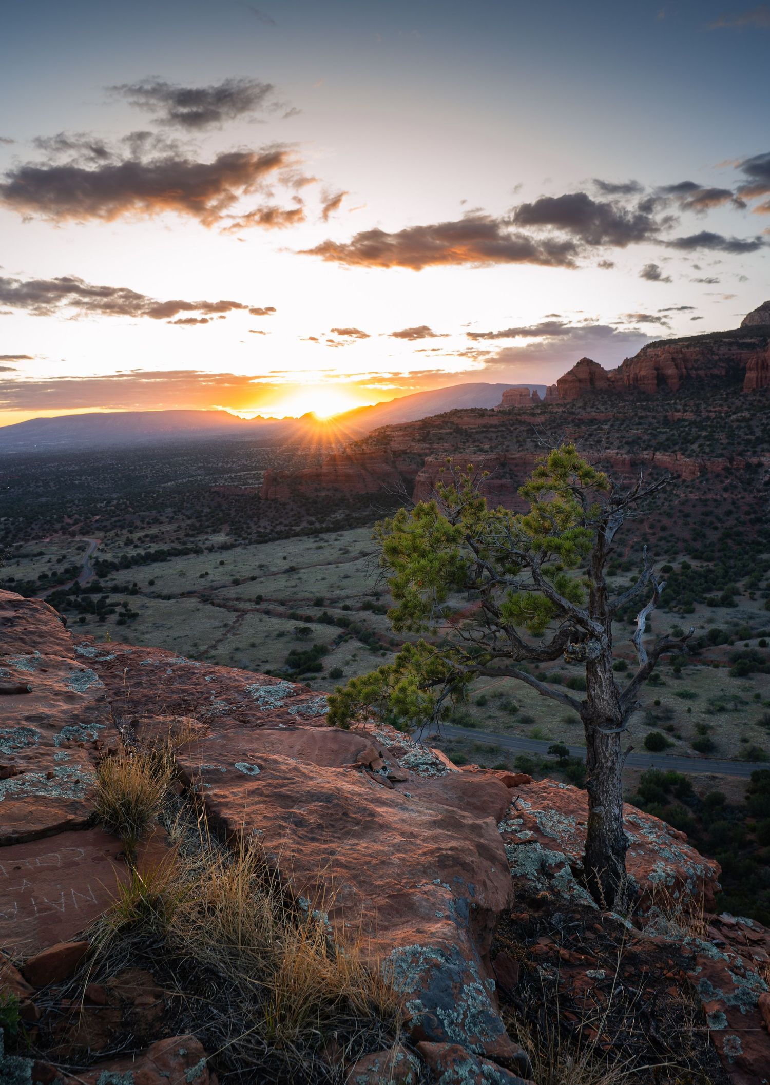 Dramatic sunset over red rock formations in Sedona, Arizona with silhouetted desert vegetation in the foreground.