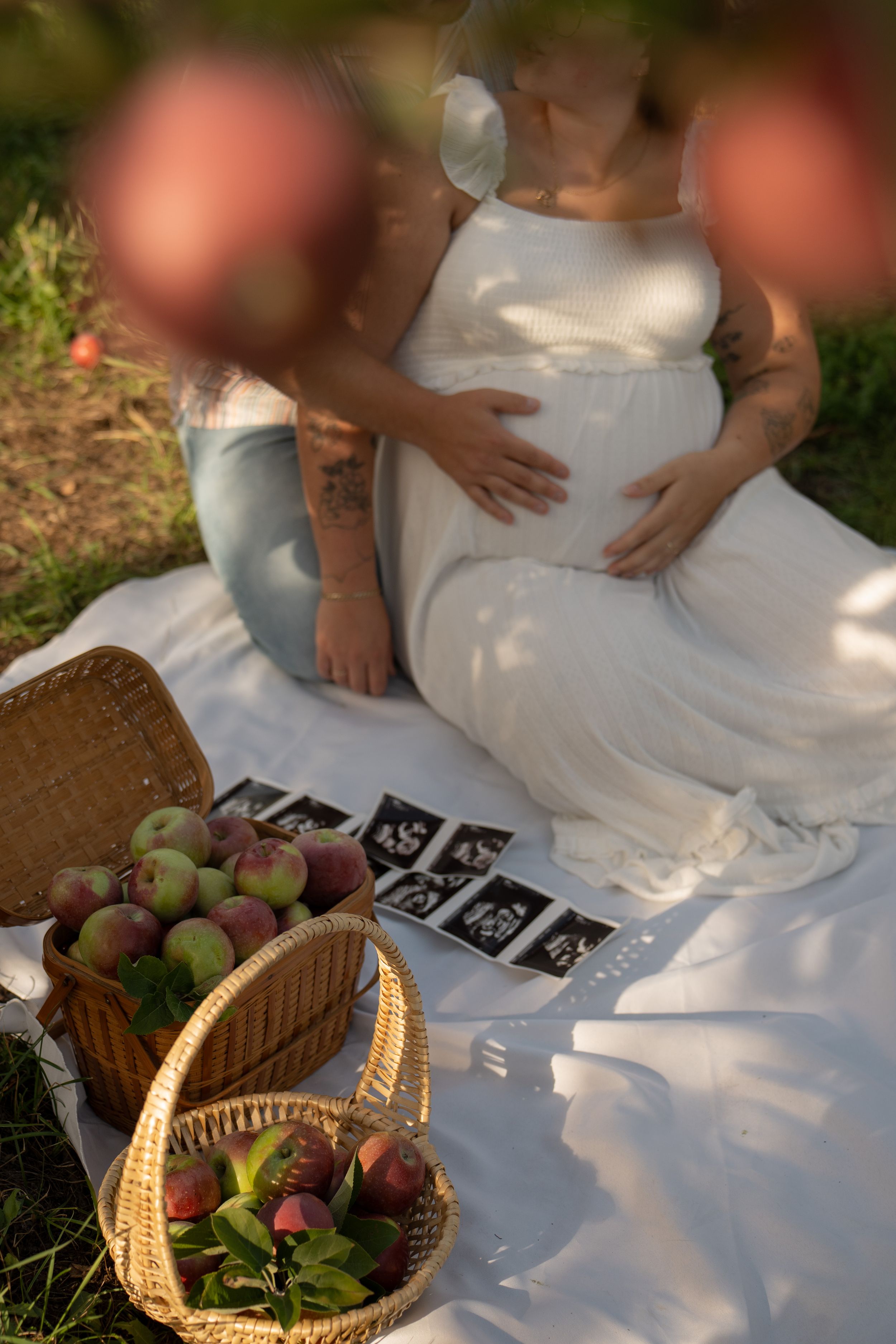 Photographie, séance photographique d'un dans un verger. Approche documentaire à Sherbrooke, en Estrie. Maternité enceinte grossesse nature