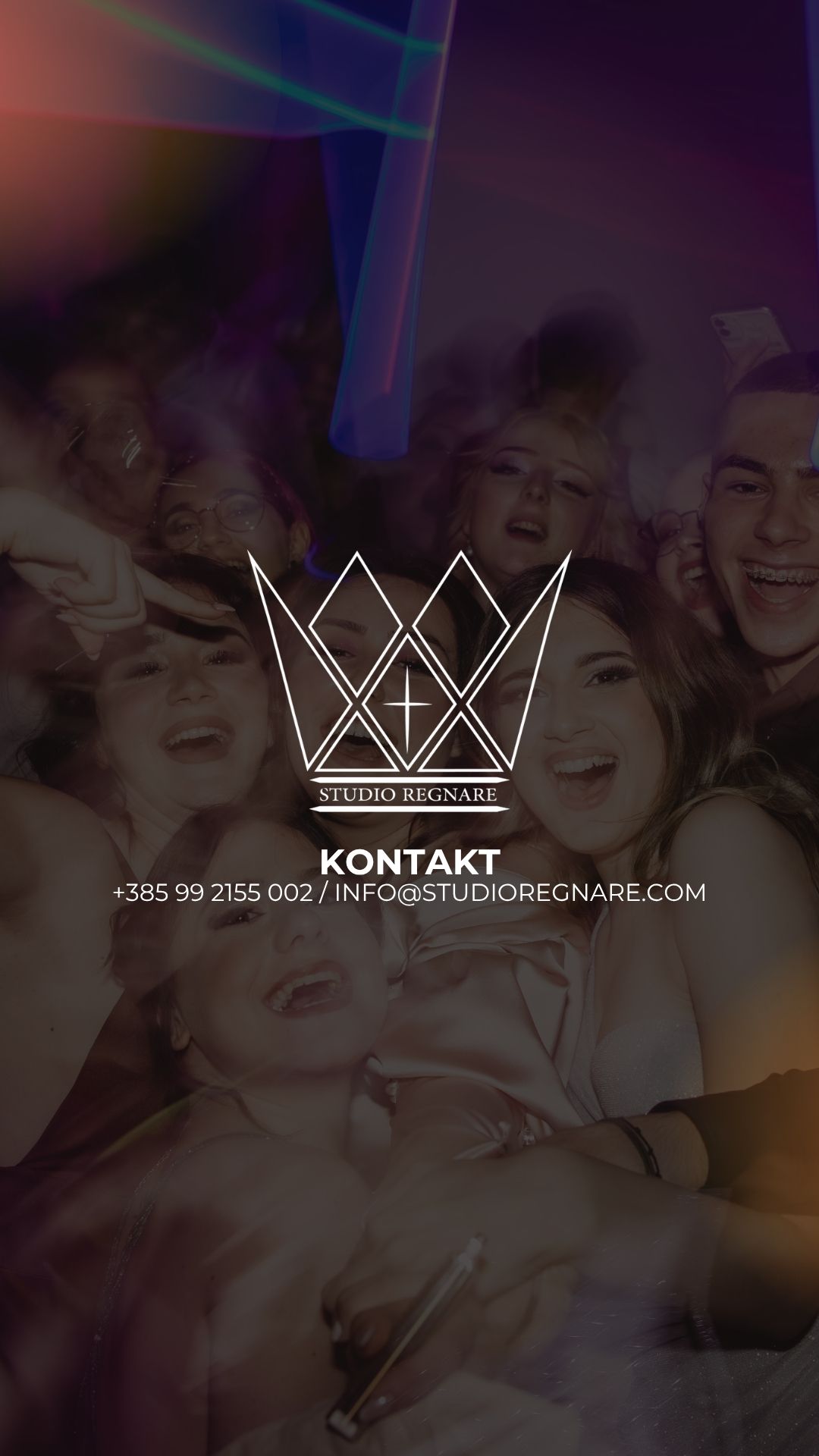 Nightclub event poster with text overlays showing 'Maturalna Vecer' against a dark background with crowd photos.