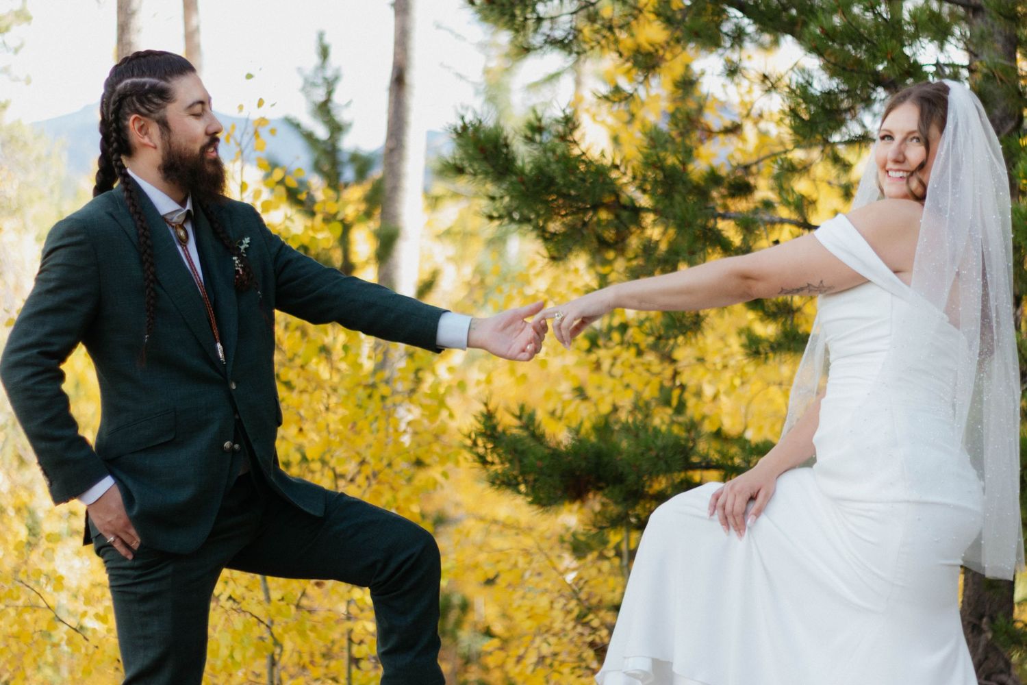 A romantic wedding photo collage showing tender moments between newlyweds against a golden autumn backdrop.