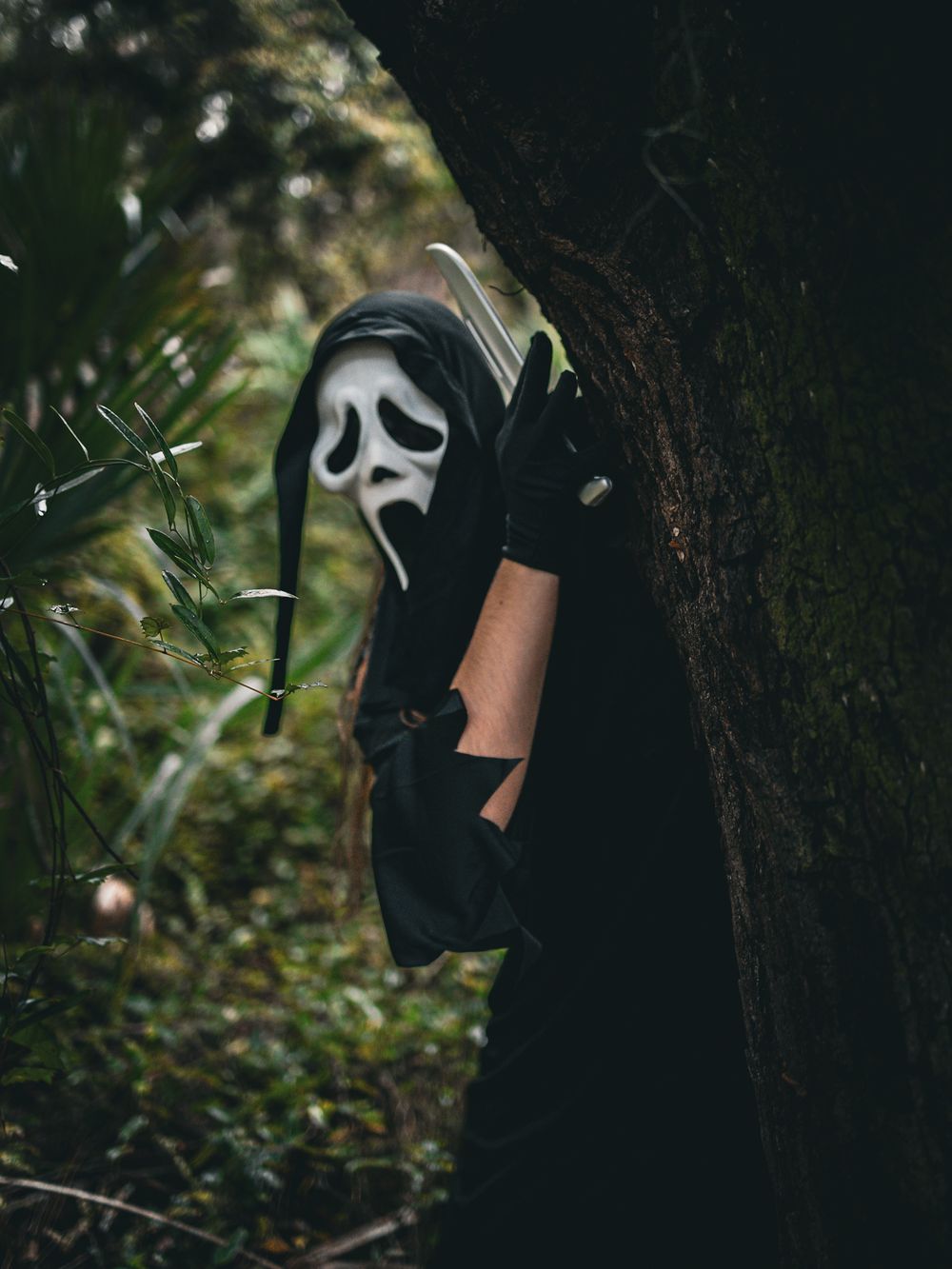 Mysterious figure in black clothing and ghost mask standing among trees in dark woods.