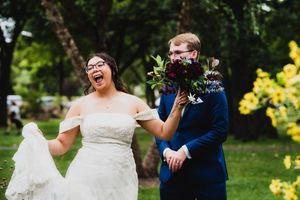 Joyful wedding celebration moments captured in an outdoor garden setting.