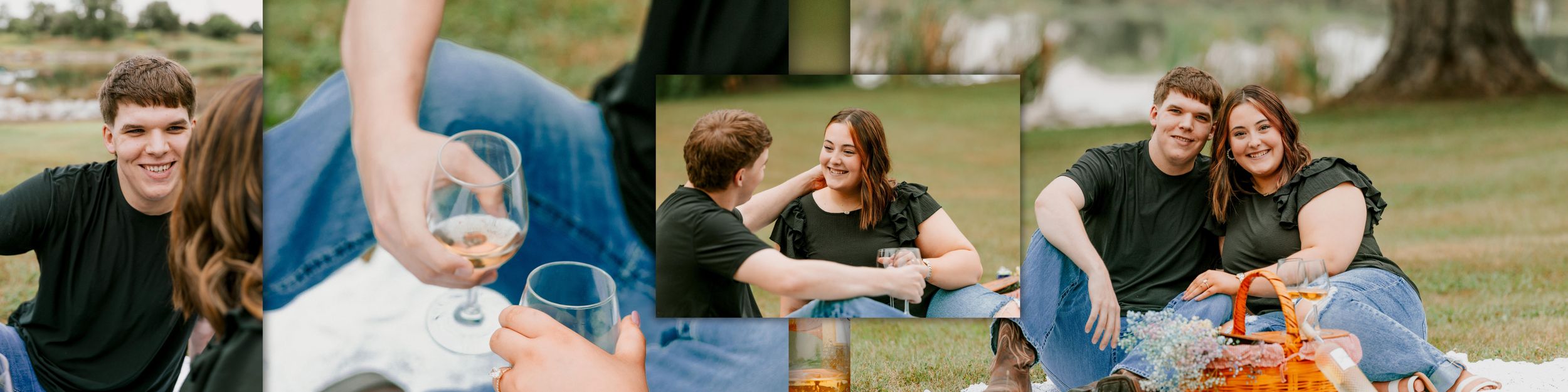 A collage of candid outdoor family moments showing people playing and spending time together in a park setting.