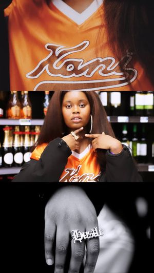 Orange and black artistic photo series showing close-up details of text and ring jewelry in moody lighting.