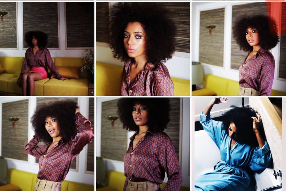 A series of fashion portraits showing a model with voluminous curly hair in various poses wearing purple clothing.