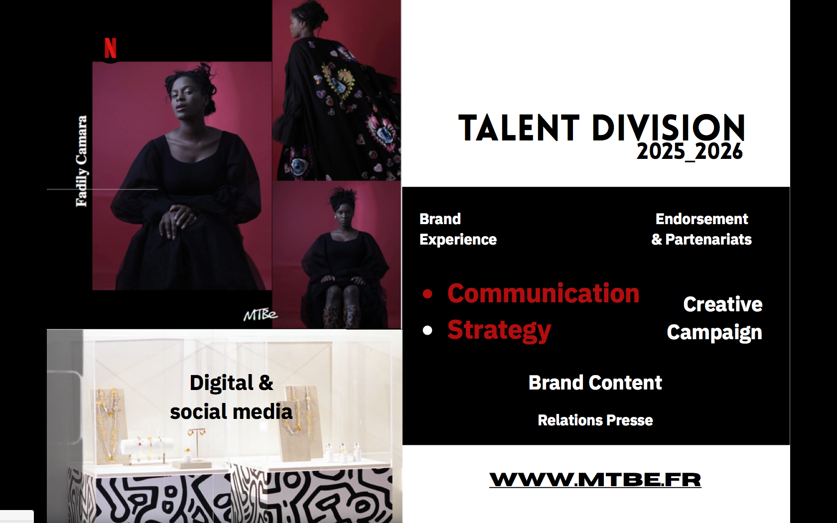 Professional talent division services website layout showcasing digital media and communication strategy sections.