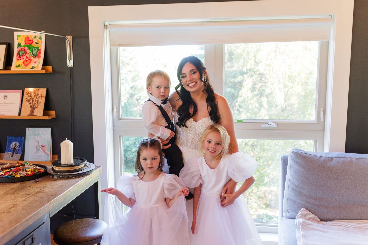 A collage of wedding preparation moments showing people in white dresses getting ready in a bridal suite.