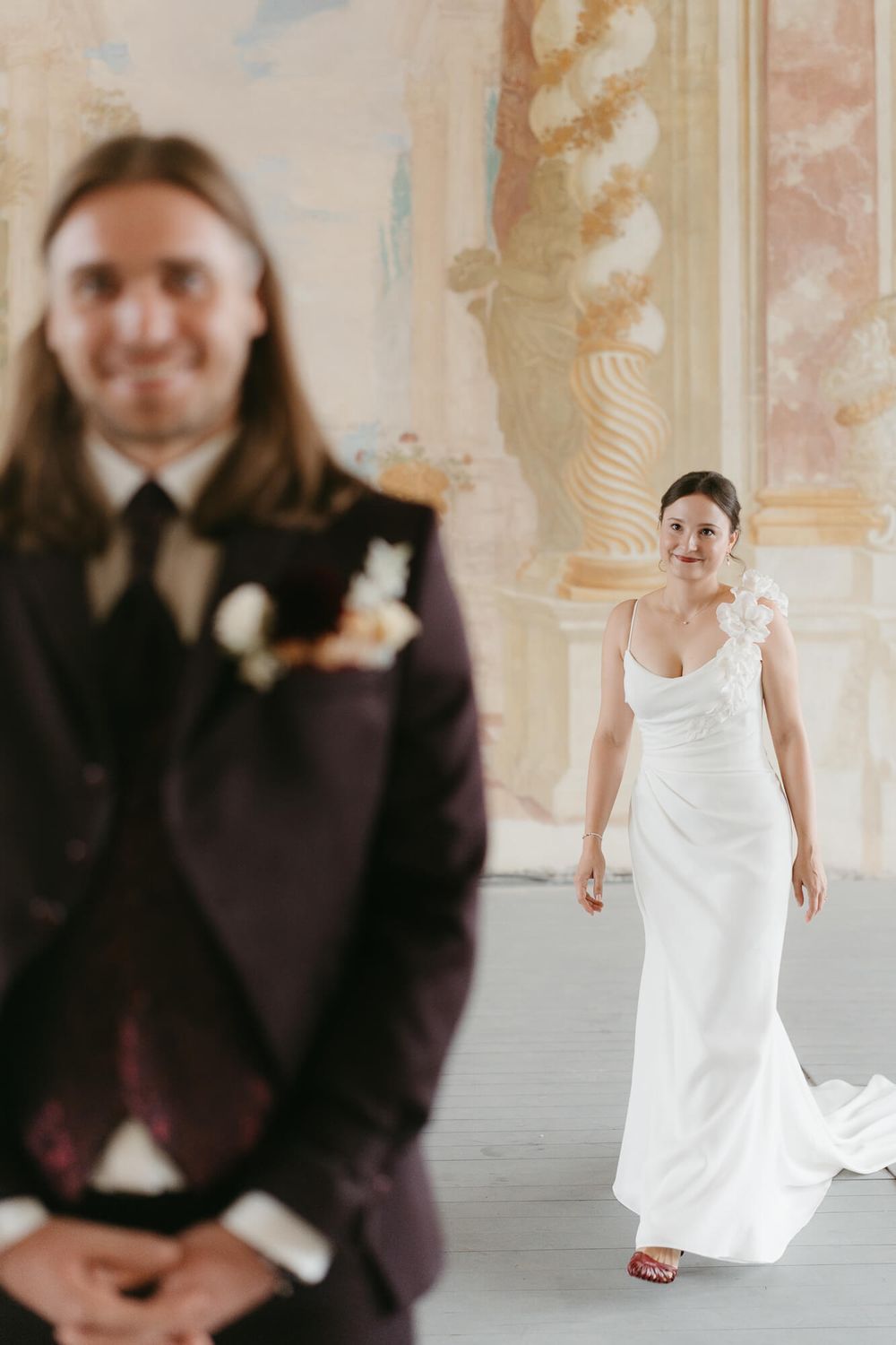 A sequence of wedding photos showing a playful interaction between a bride in white dress and groom in dark suit.
