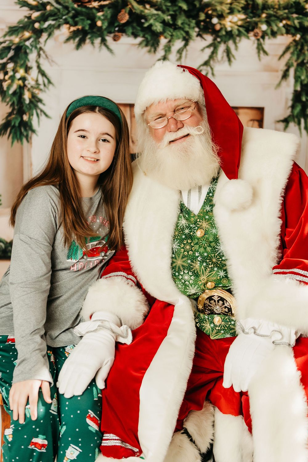 A series of festive holiday photos showing Santa Claus in traditional red suit interacting with someone in a green outfit.