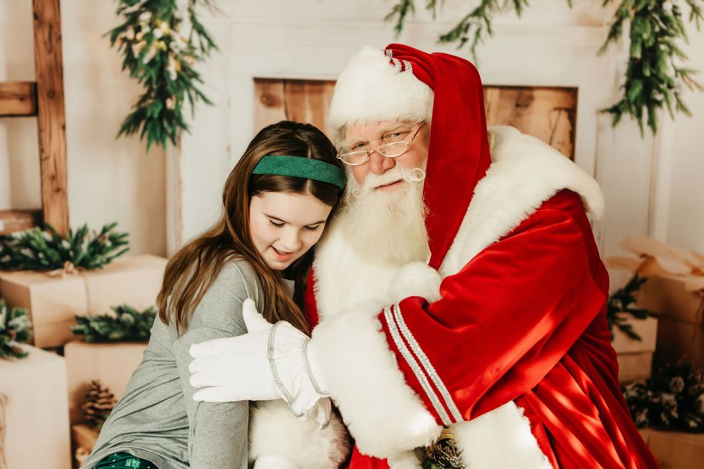 A series of festive holiday photos showing magical Christmas moments with Santa Claus in a cozy decorated setting.