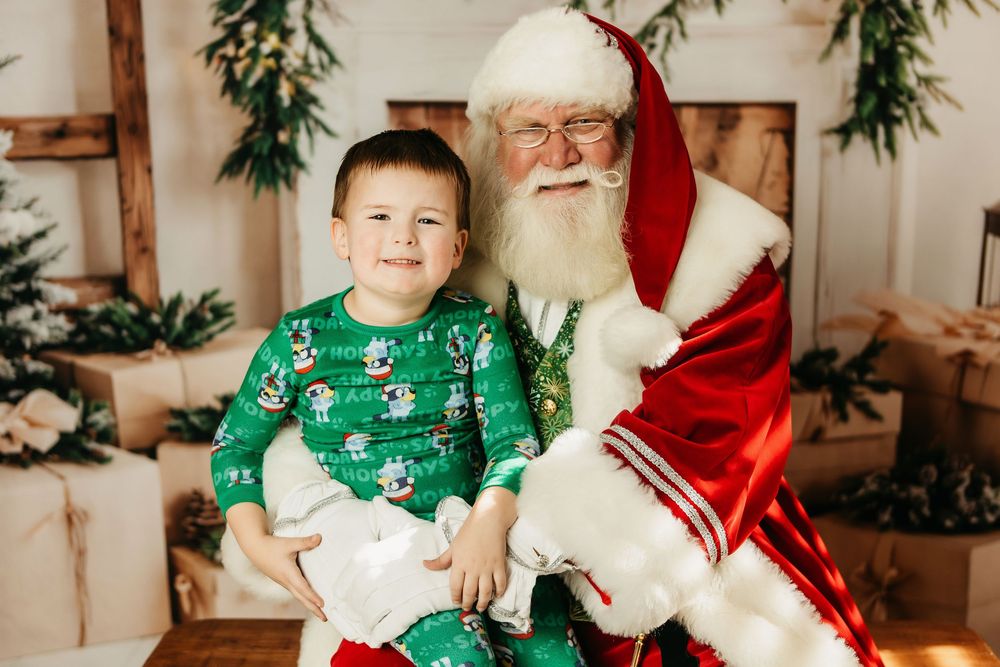 Holiday scene with festive green sweater and traditional red and white Christmas attire in a bright indoor setting.