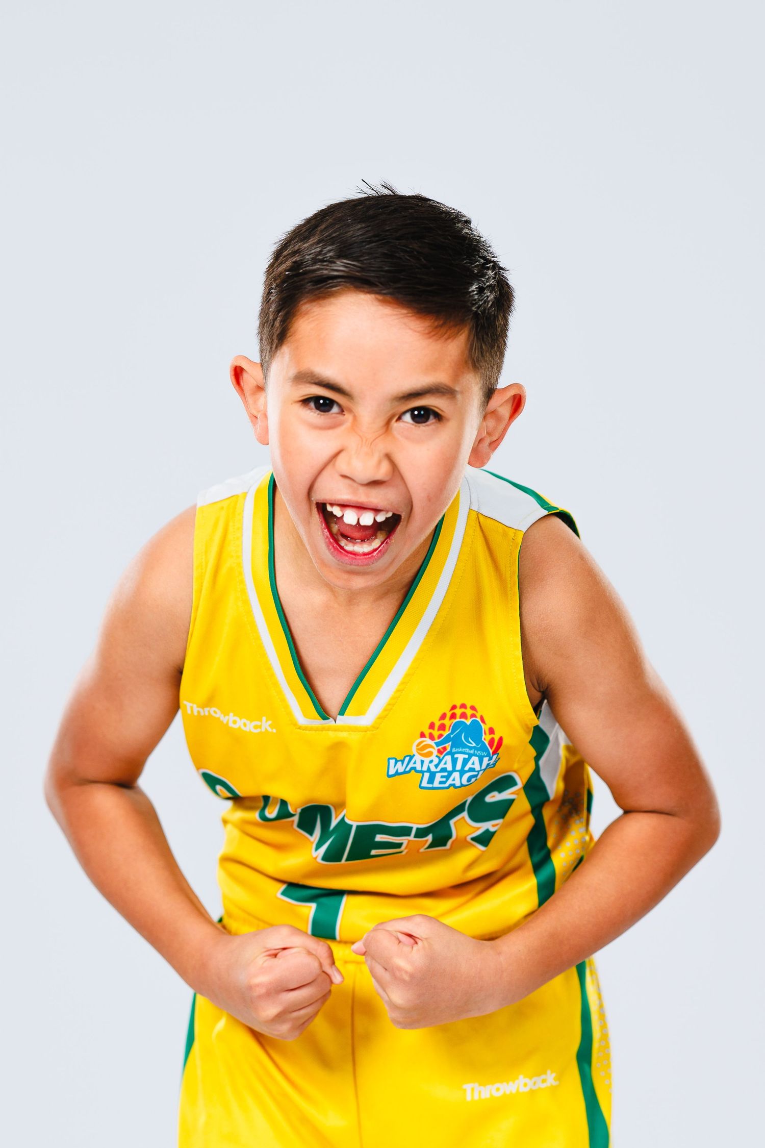 Three dynamic shots of someone in a yellow basketball jersey showing playful expressions and poses.