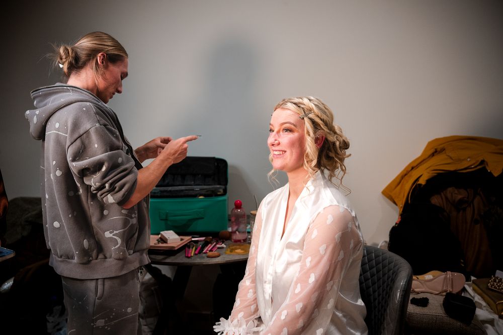 A sequence of wedding preparation moments showing a bride getting ready with her bridal party in a bright room.