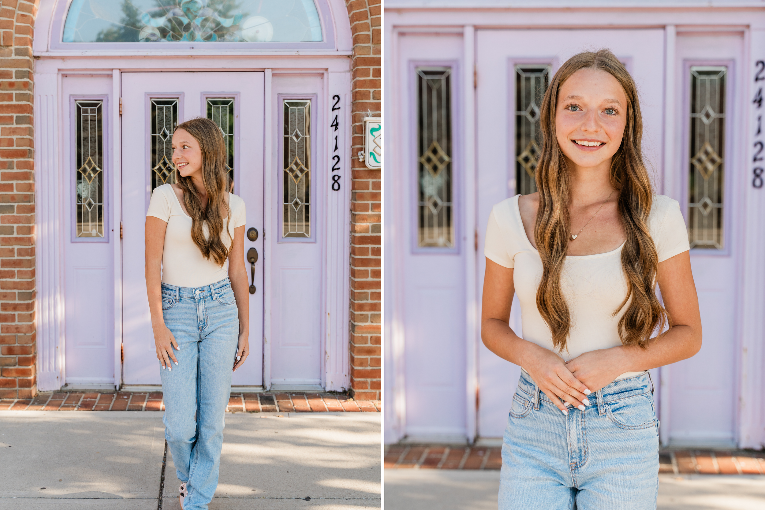 A person in light blue jeans and a white top stands in front of a brick building with white columns.