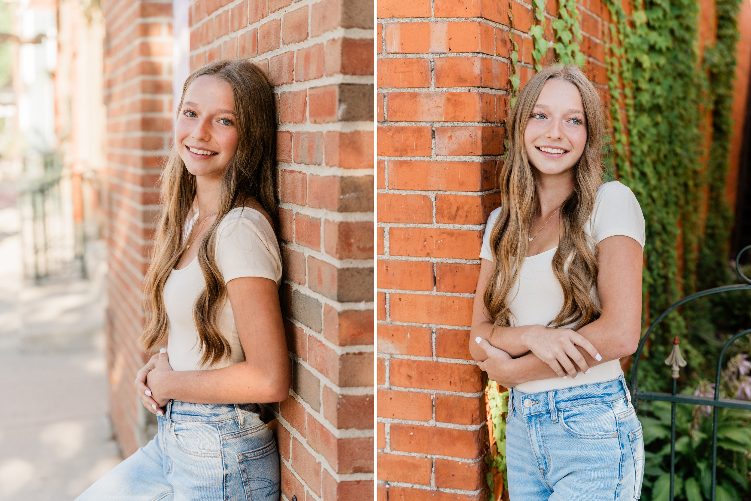 A series of casual portrait photos taken against a red brick wall with green ivy vines.
