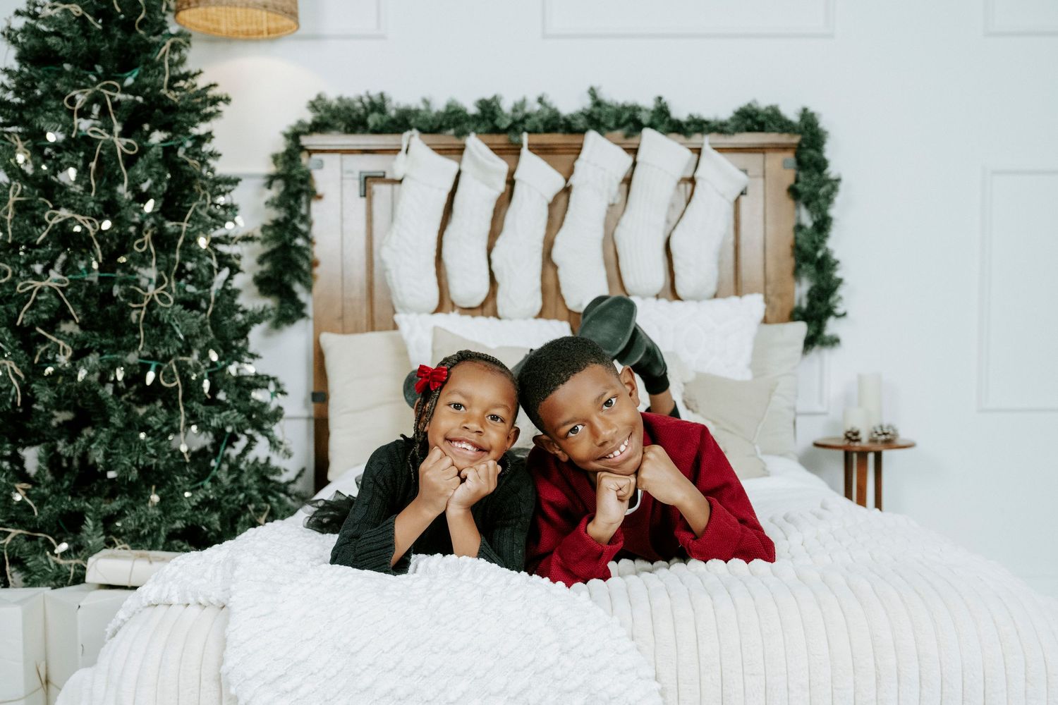 A group of holiday photos with people in red and white outfits posing on a couch with Christmas decorations.
