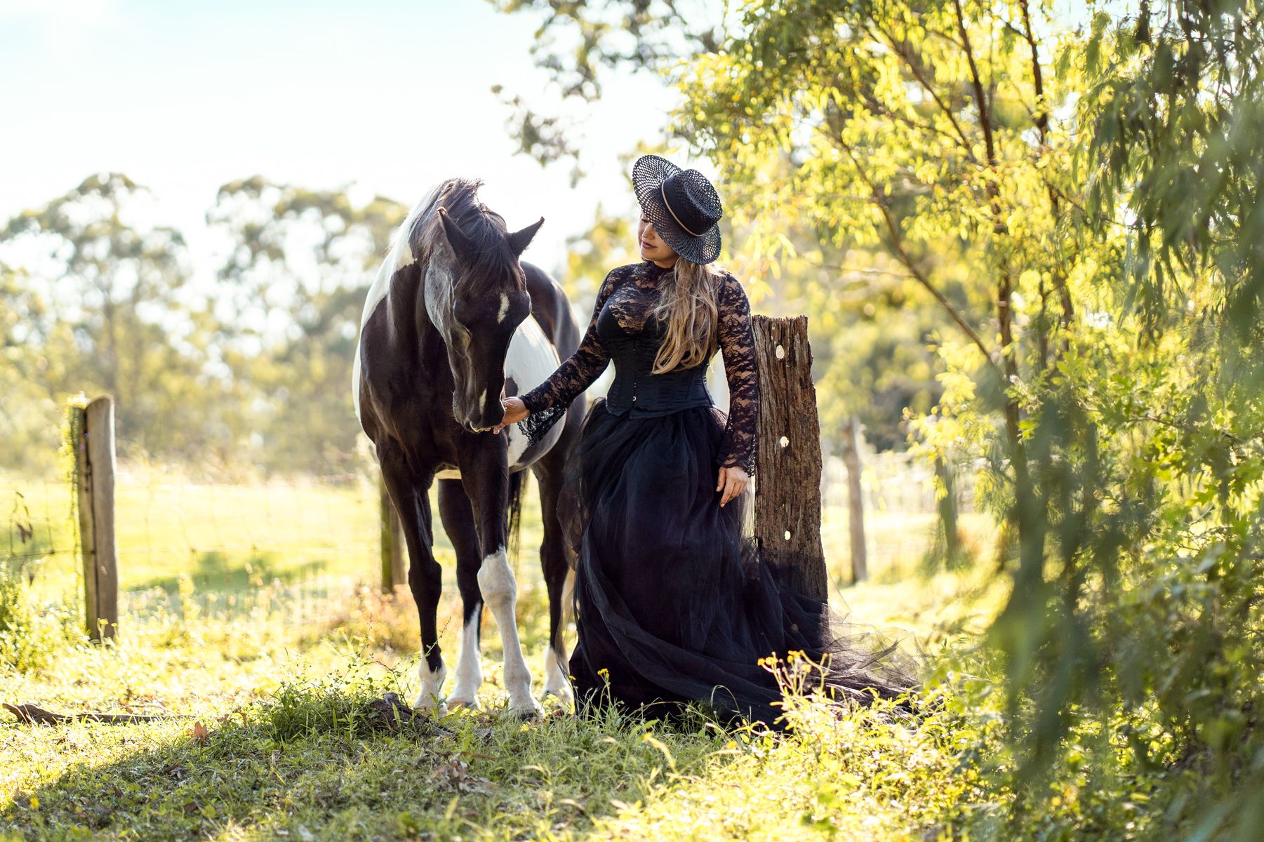 A horse and rider stand in dappled sunlight beneath trees on a tranquil autumn afternoon.