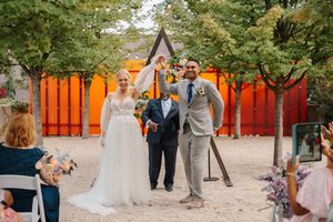 A series of outdoor wedding ceremony photos showing guests and couples celebrating in front of vibrant orange and natural backdrops.