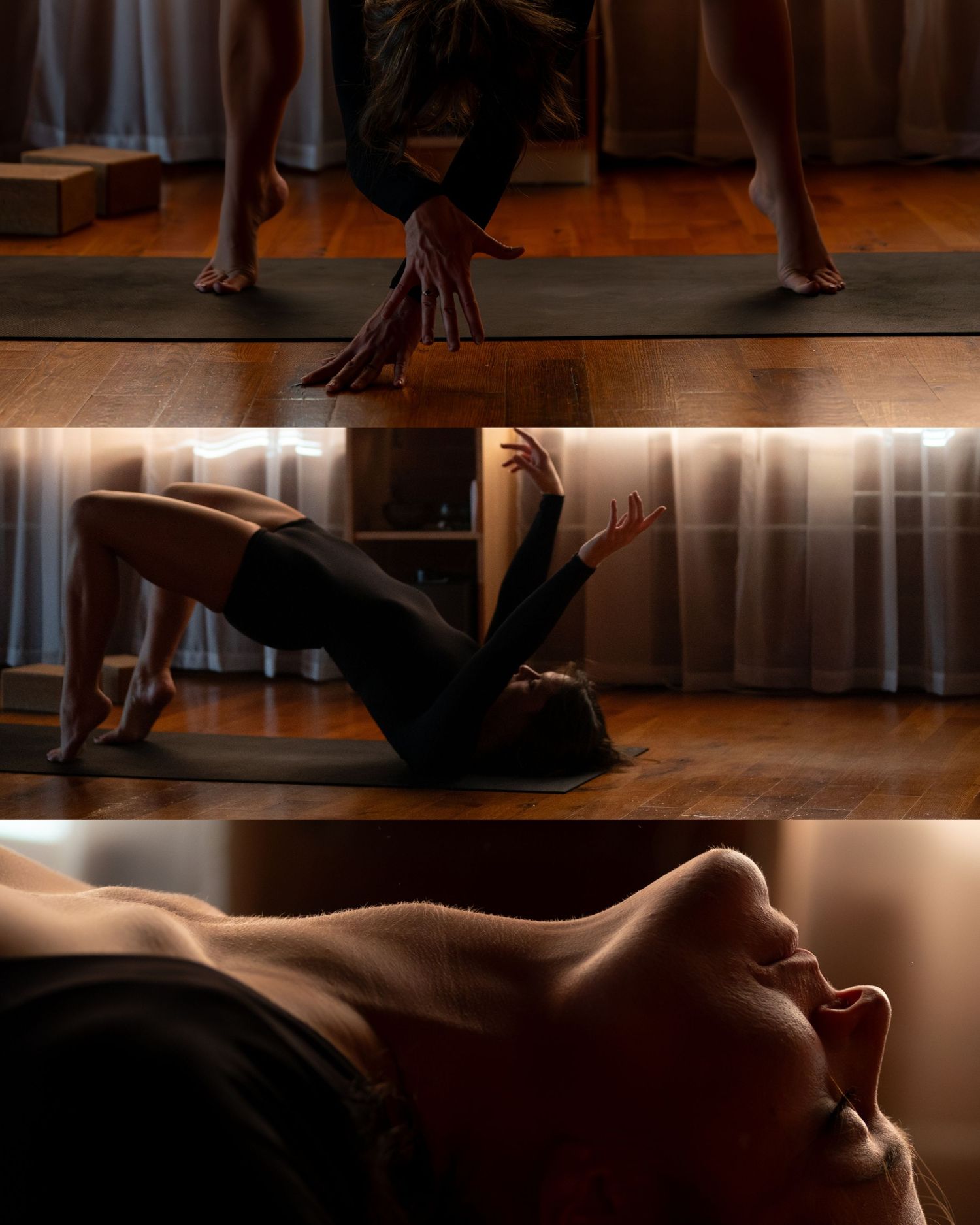 Three artistic dance poses on a wooden floor with dramatic lighting and curtains in the background.
