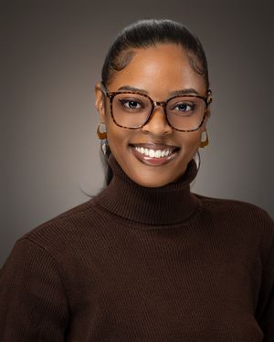 Professional portrait series showing warm smiles and expressions against dark background in brown turtleneck sweater.
