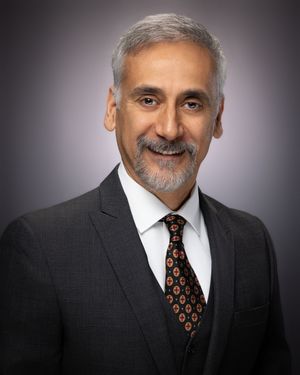 Professional headshot portrait of a smiling person with gray hair and beard wearing a dark suit with patterned tie.
