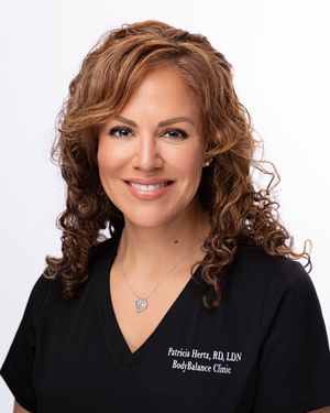 Professional headshots of a healthcare provider with curly brown hair wearing black against a white background.
