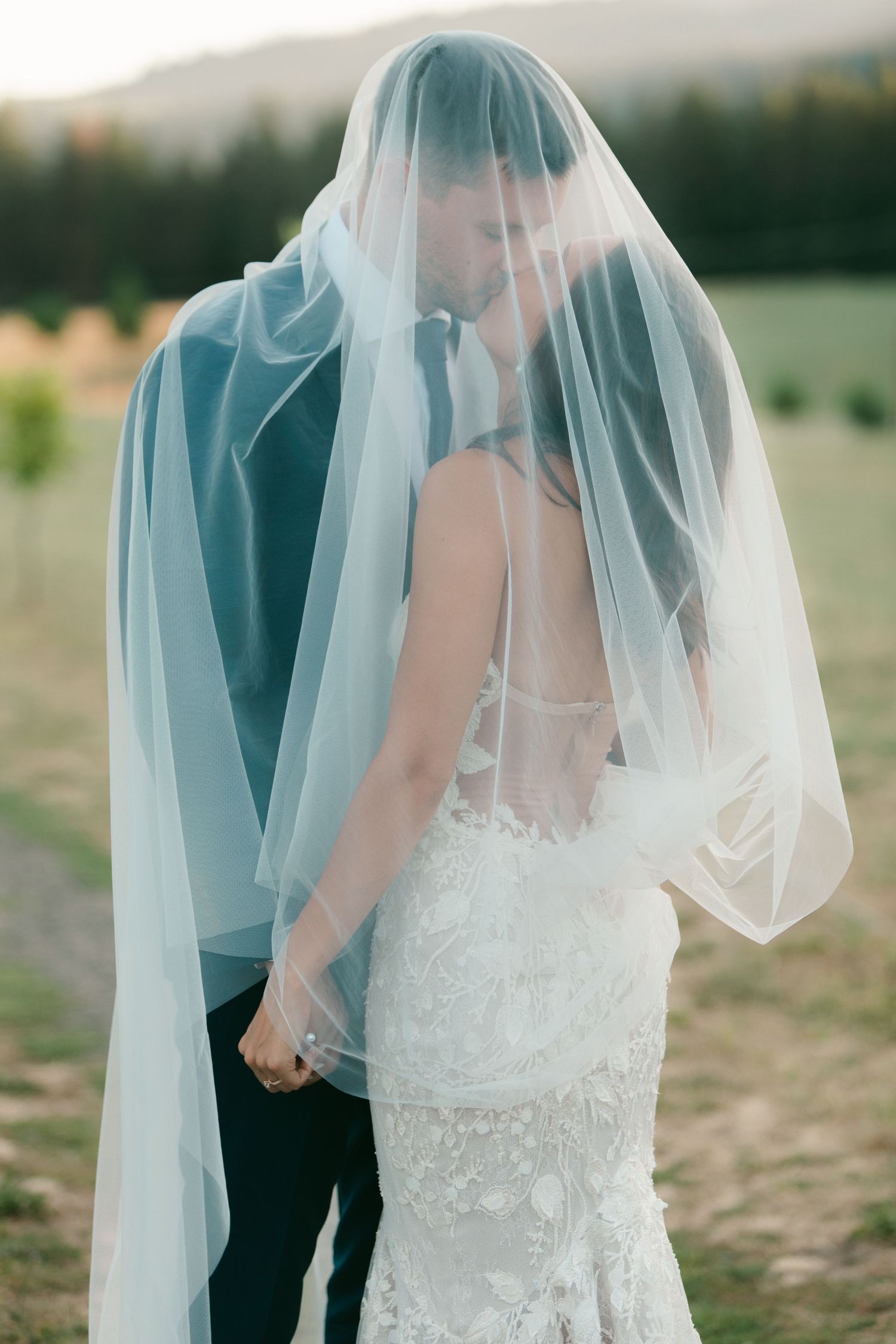 Romantic wedding couple embraces in an outdoor field as the bride's delicate veil flows in the breeze.